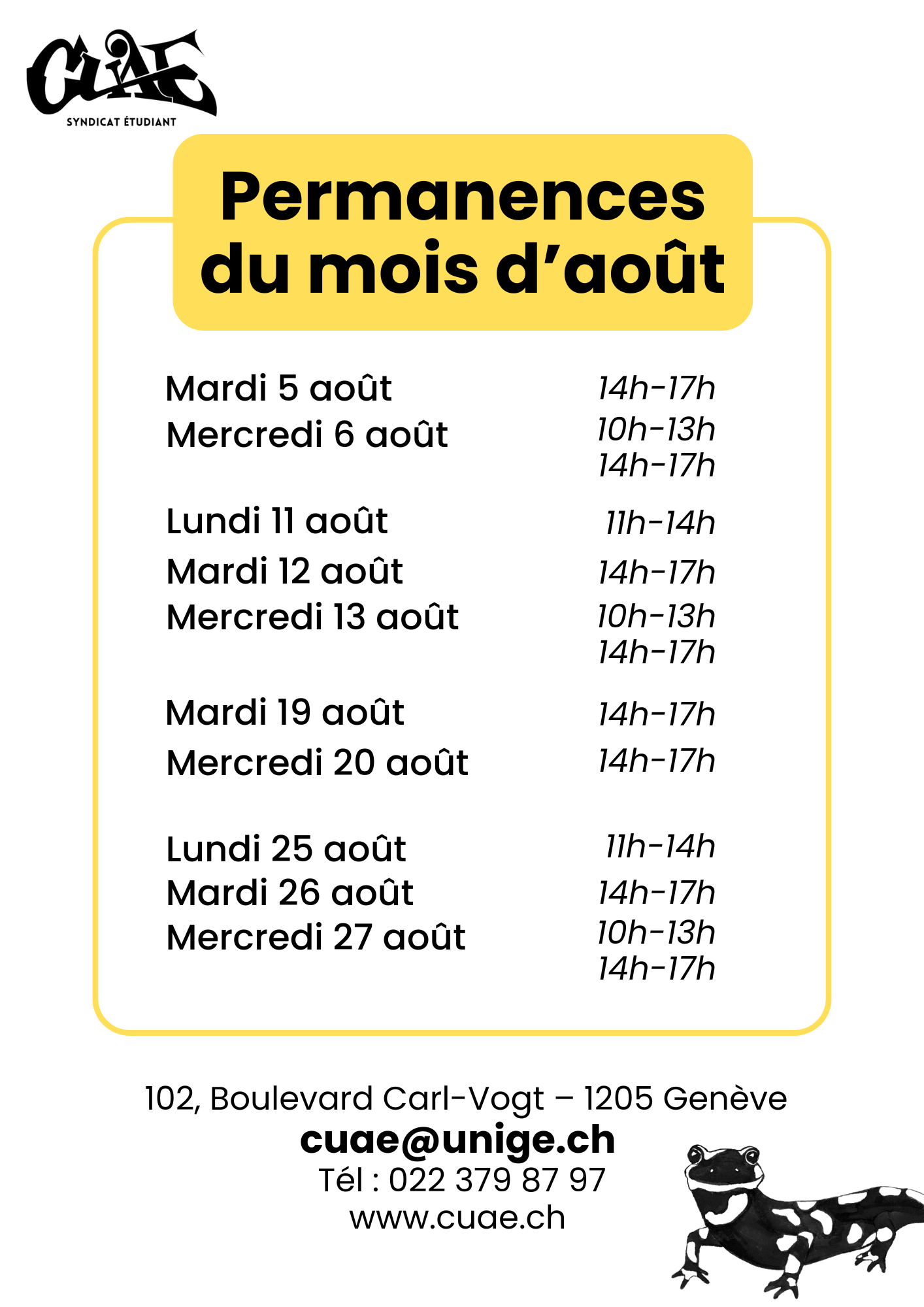 Affiche Horaires permanences août 2025 CUAE